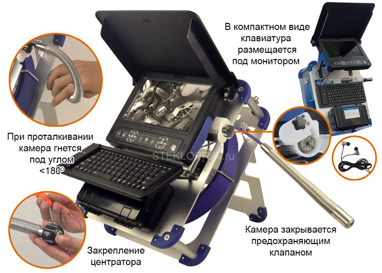 Канализационный эндоскоп NR-12-23мм-30м HD с монитором 10" и клавиатурой. Улучшенная эргономика, алюминиевый сплав рамы