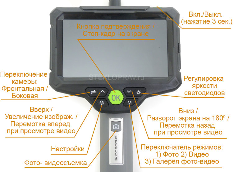 Видеоэндоскоп IN-510-5,5мм-1м dual flex с миниатюрными камерами - фронтальной и боковой, IPS монитор 5"
